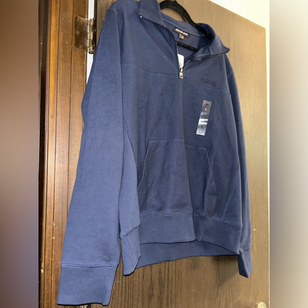 NWT Michael Kors long sleeve kangaroo pocket Navy Blue Woman’s LARGE Polo Shirt - Picture 2 of 8